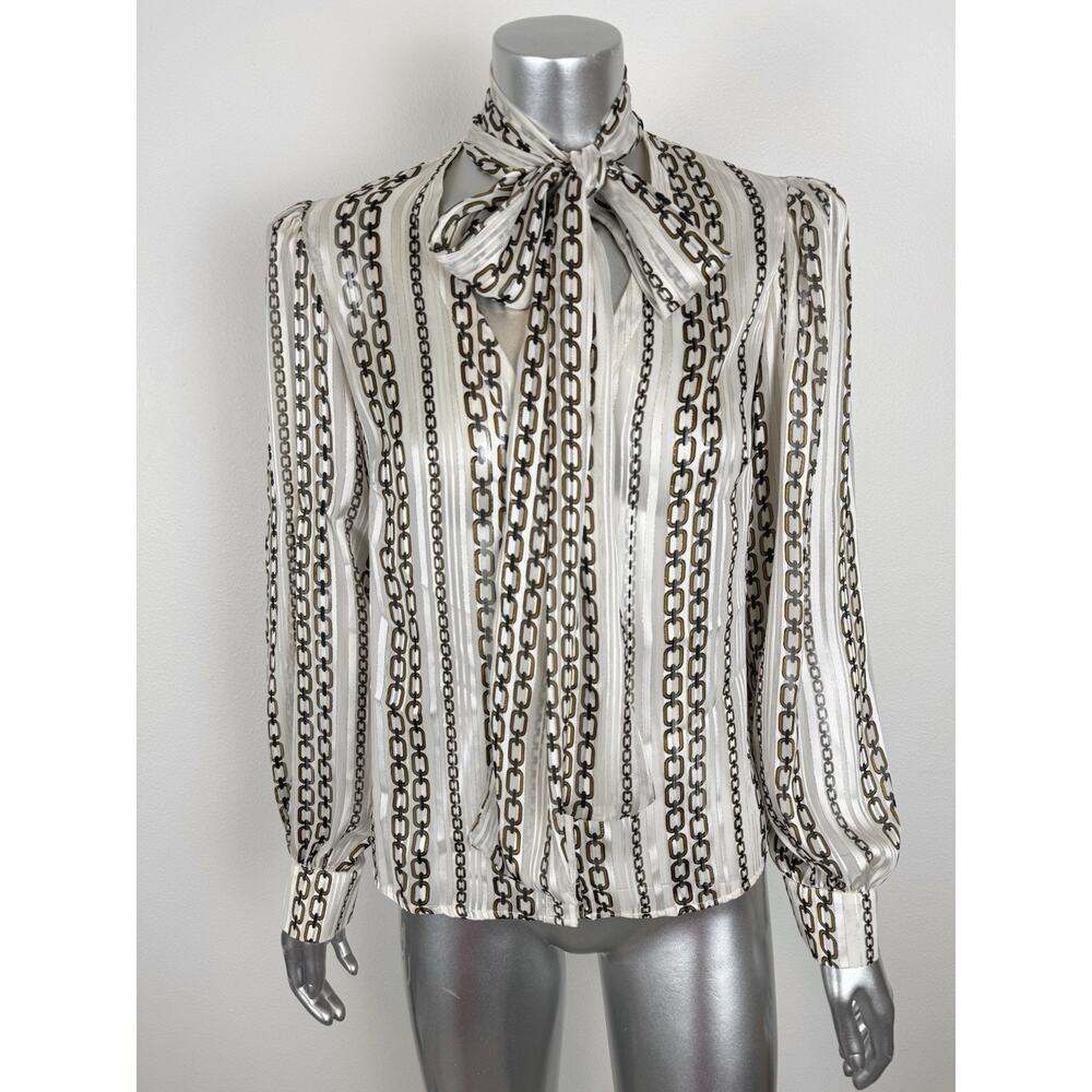 Morgan De Toi Blouse Tie Neck Chiffon Puff Sleeve Chain Print